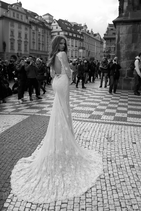 berta bridal fall 2015 lace wedding dress illusion long sleeve deep v neckline back view train