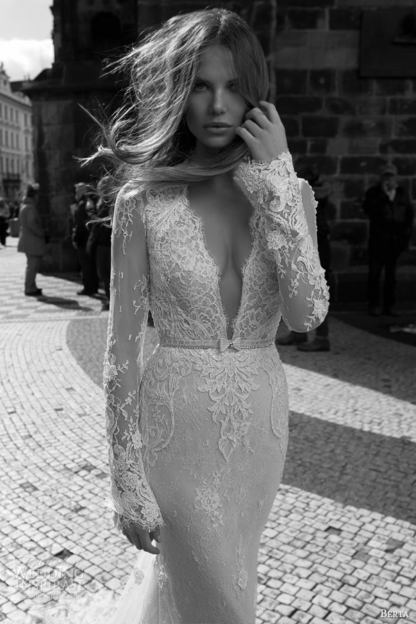berta bridal fall 2015 lace wedding dress illusion long sleeve deep v neckline bodice
