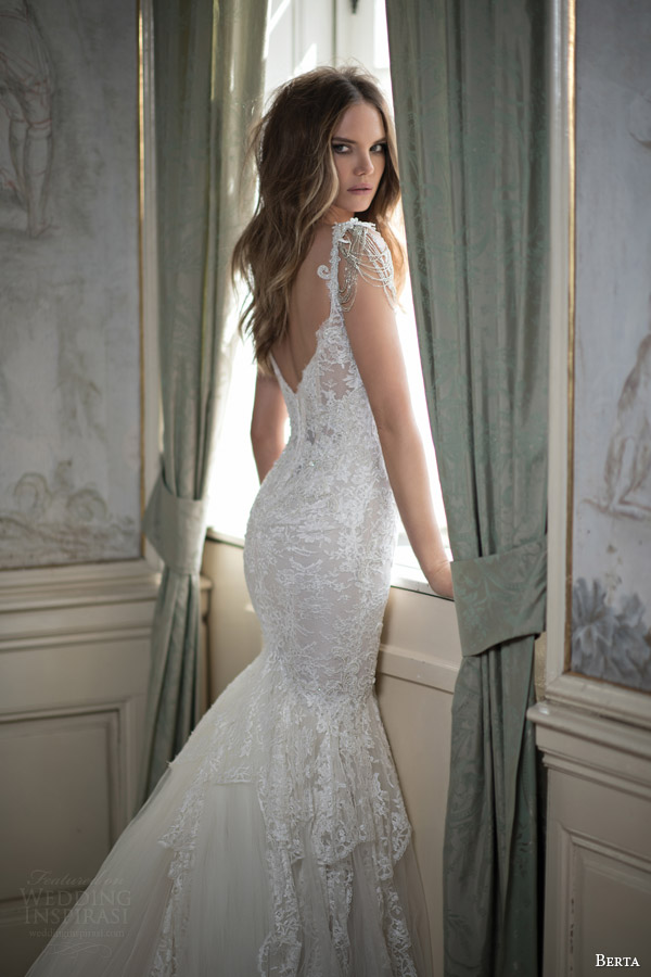 berta bridal fall 2015 mermaid wedding dress draped swag bead cap sleeves back view close up