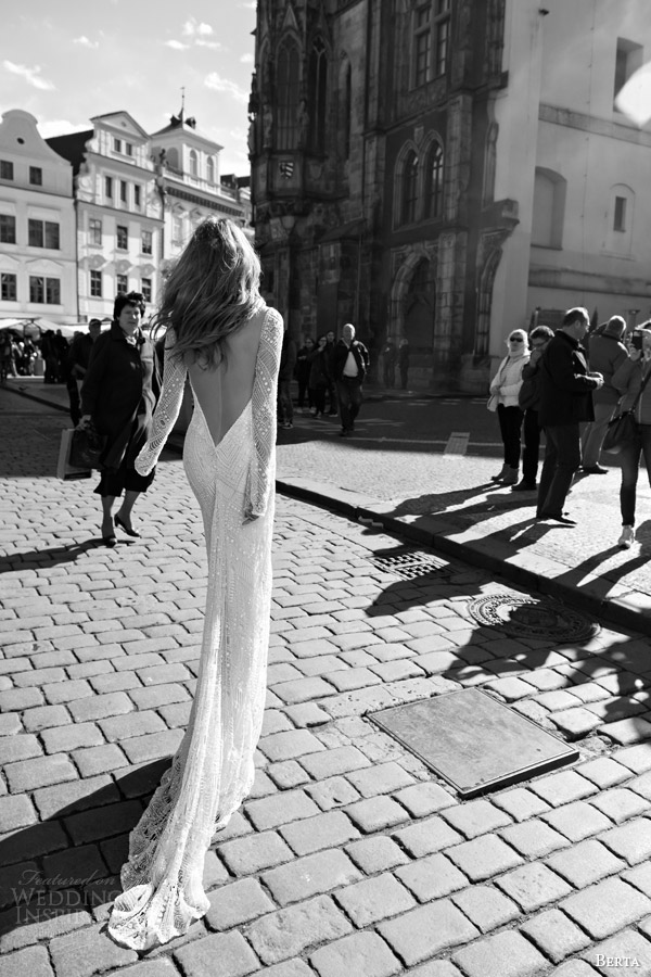 berta fall 2015 bridal beaded blouson long sleeve wedding dress illusion open back view train