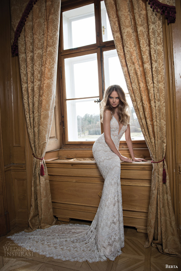 berta fall 2015 bridal sleeveless beaded sheath wedding dress straps beading