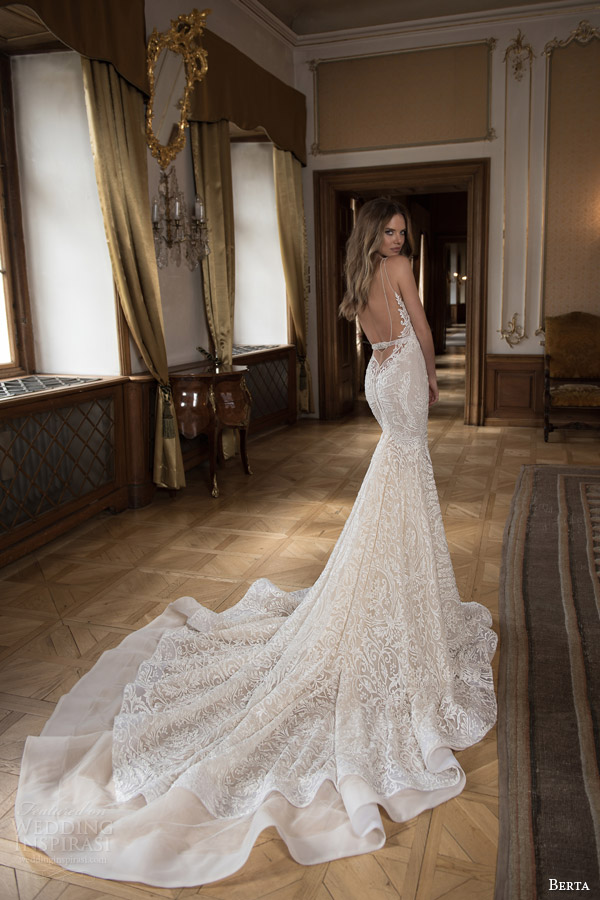 berta fall 2015 mermaid wedding dress sweetheart neckline illusion double row bead straps illusion back view train