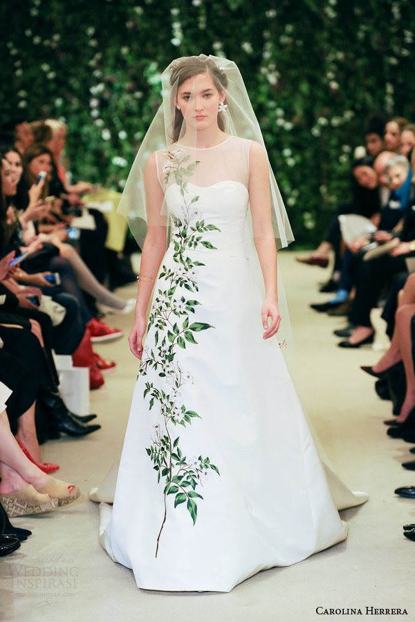 carolina herrrera bridal spring 2016 jasmine sleeveless a line wedding dress illusion nekline embellished with flowers