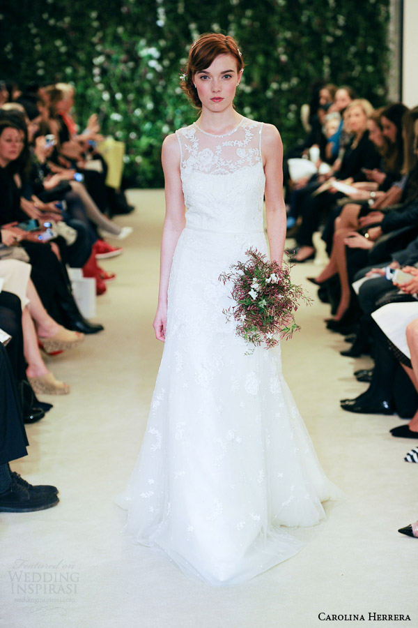 carolina herrrera bridal spring 2016 jemma sleeveless illusion neckline a line wedding dress jewel neckline