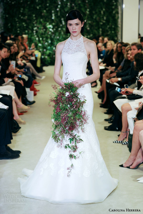 carolina herrrera bridal spring 2016 jovana sleeveless lace illusion high neckline wedding dress
