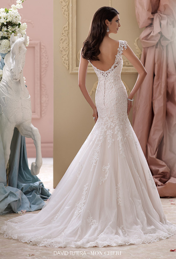 david tutera mon cheri spring 2015 style 115239 emerson venise lace tulle over satin fit flare wedding dress cap sleeves ivory blush color back view