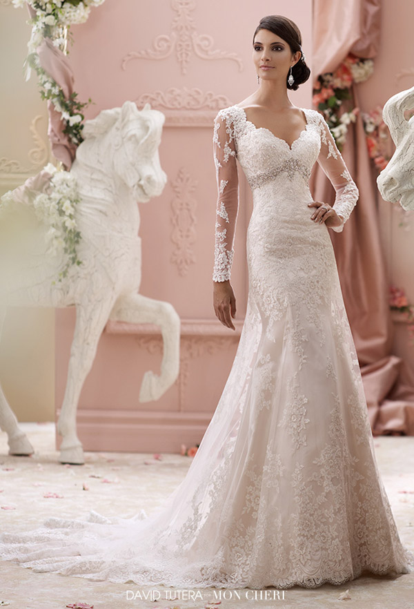 david tutera mon cheri spring 2015 style 115240 finley illusion long sleeve a line wedding dress embroidered lace tulle over satin jewel beaded empire waist