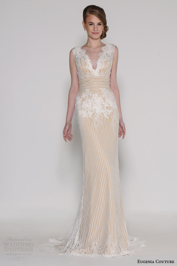 eugenia couture bridal spring 2016 amelia sleeveless column wedding drses colored underlay lace overlay