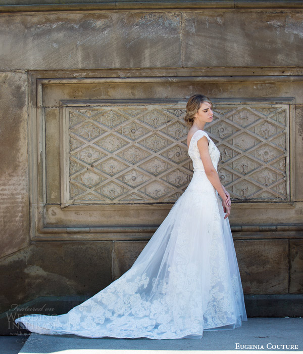 eugenia couture bridal spring 2016 campaign celeste cap sleeve a line wedding dress v neckline train side view