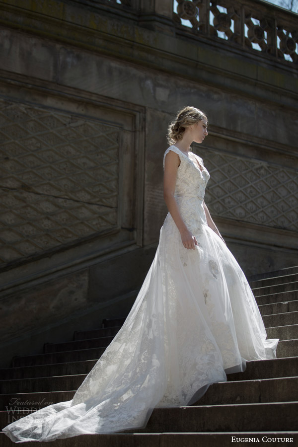 eugenia couture bridal spring 2016 campaign celeste cap sleeve a line wedding dress v neckline train