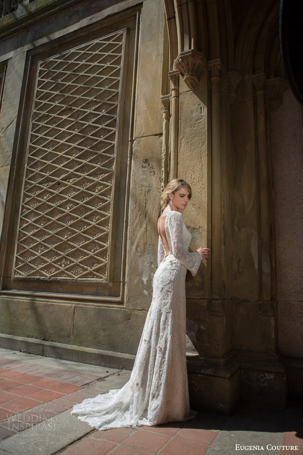 eugenia couture bridal spring 2016 campaign fiona flared long sleeve mermaid wedding dress open back view