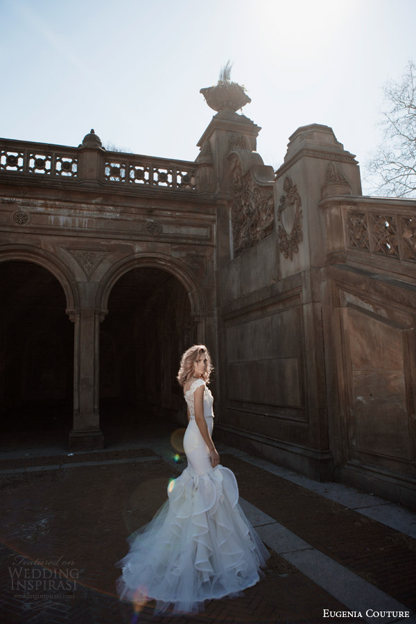 eugenia couture bridal spring 2016 campaign nia sleeveless mermaid wedding dress lace straps side view train