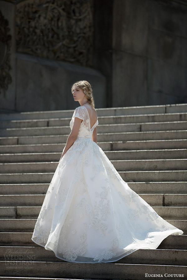 eugenia couture bridal spring 2016 campaign sylvia illusion neckline short sleeve ball gown wedding dress back view