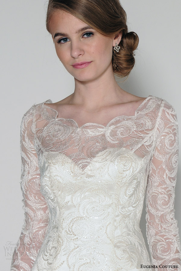 eugenia couture bridal spring 2016 luna illusion neckline long sleeve a line wedding dress close up