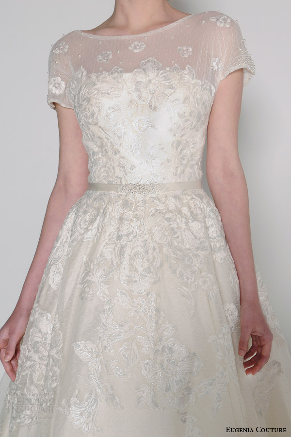 eugenia couture bridal spring 2016 sylvia illusion neckline short sleeve ball gown wedding dress close up bodice