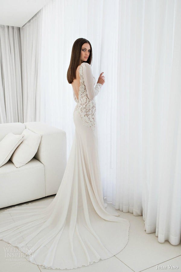 julie vino bridal spring 2015 empire maita long sleeve wedding dress lace bodice deep v back view trainn
