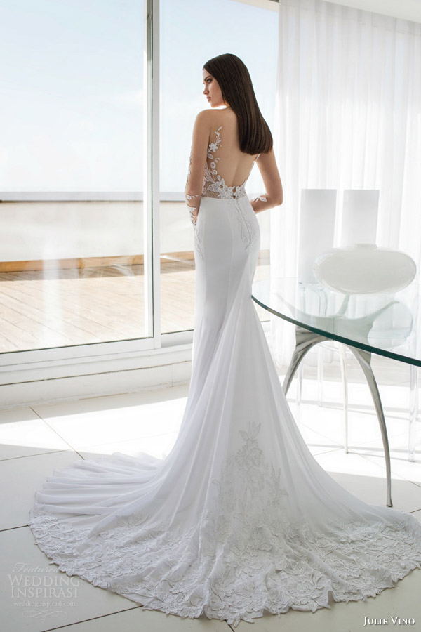 julie vino bridal spring 2015 urban alexa illusion long sleeve wedding dress lace back view train