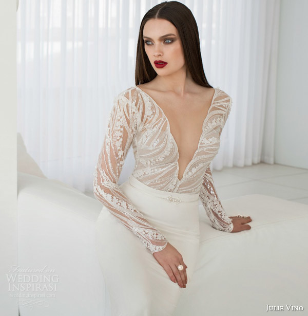 julie vino bridal spring 2015 urban scarlet long sleeve a line wedding dress bodice close up