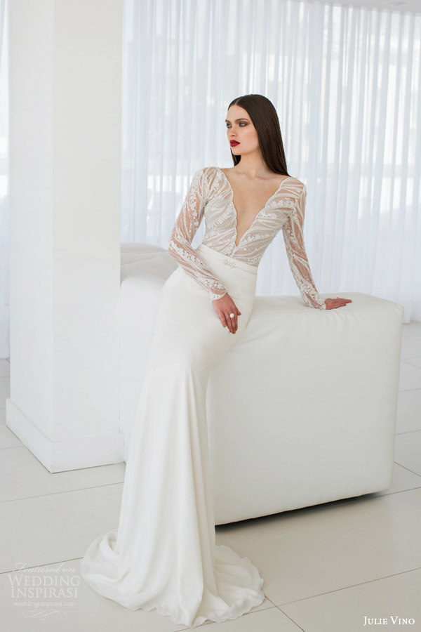 julie vino bridal spring 2015 urban scarlet long sleeve a line wedding dress full view