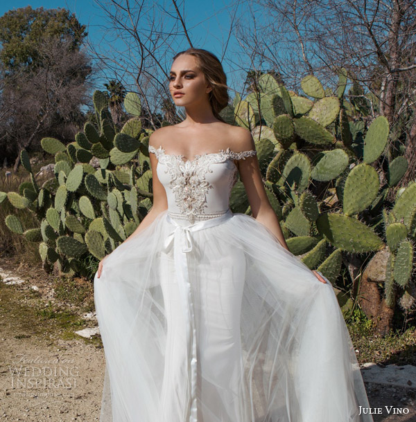 julie vino spring 2015 desert rose bridal collection madison off shoulder sheath wedding dress close up