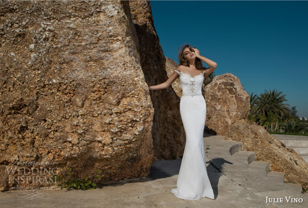 julie vino spring 2015 desert rose bridal collection madison off shoulder sheath wedding dress