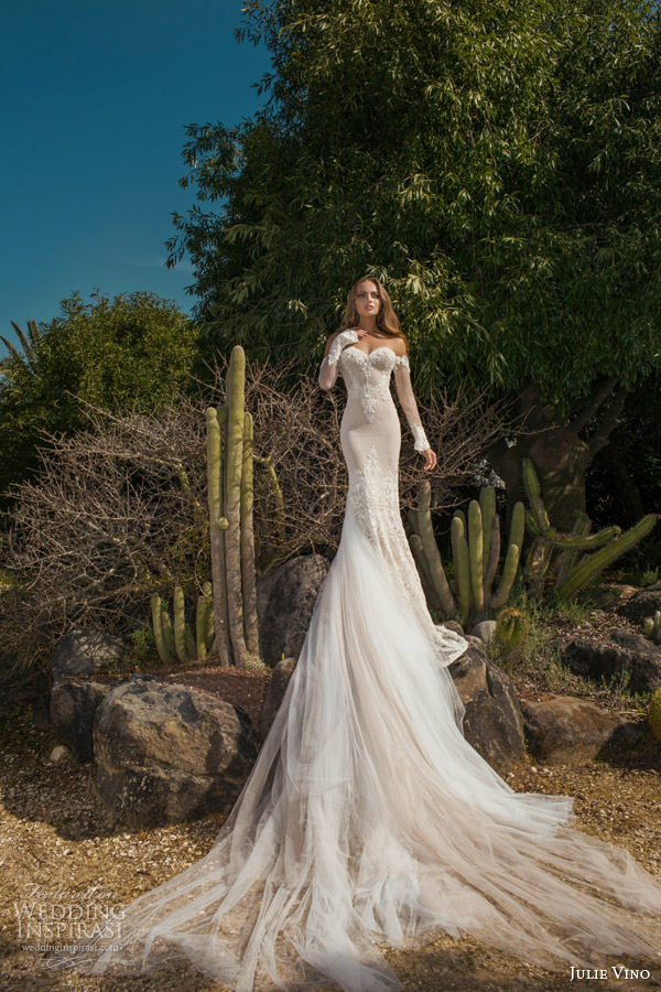 julie vino spring 2015 desert rose bridal collection martina wedding dress off shoulder illusion long sleeves full view train