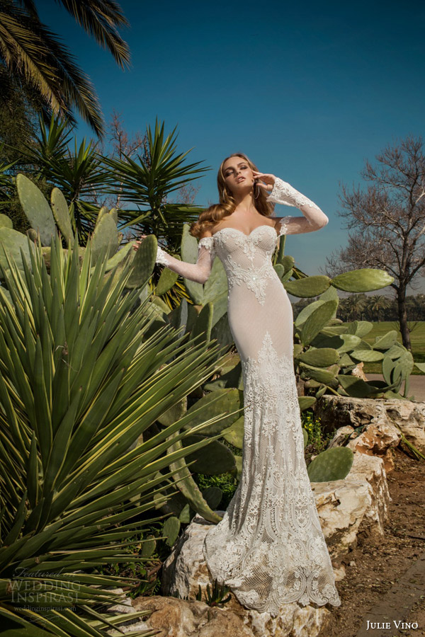 julie vino spring 2015 desert rose bridal collection martina wedding dress off shoulder illusion long sleeves full view