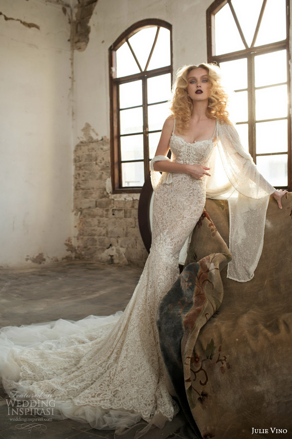 julie vino spring 2015 mystic dusk bridal collection antonia lace sheath wedding dress shown with shawl