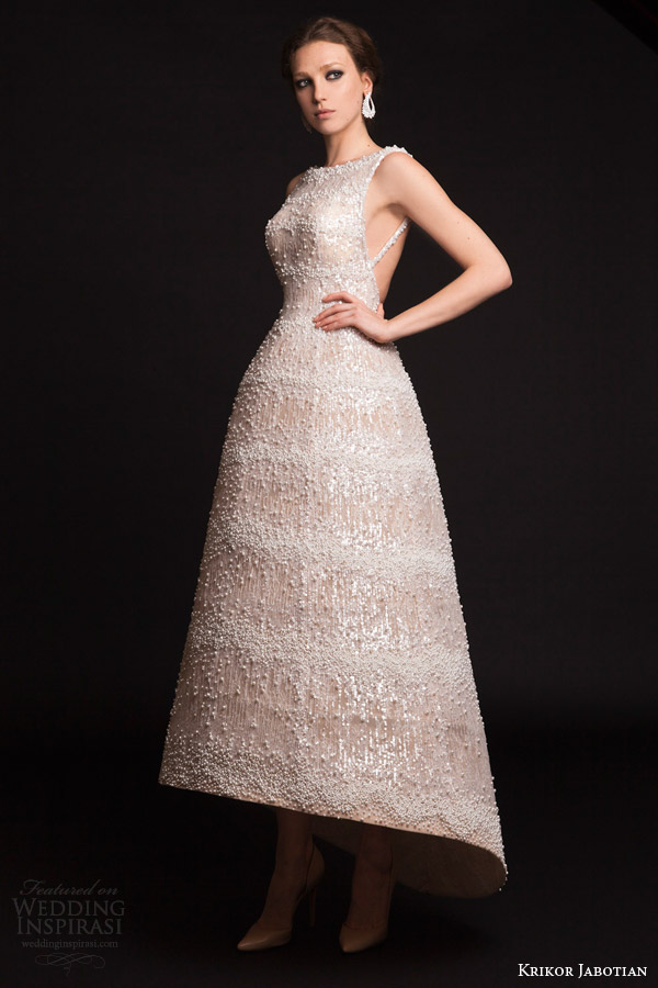 krikor jabotian bridal spring 2015 asymmetric hemline wedding dress beaded gown straps