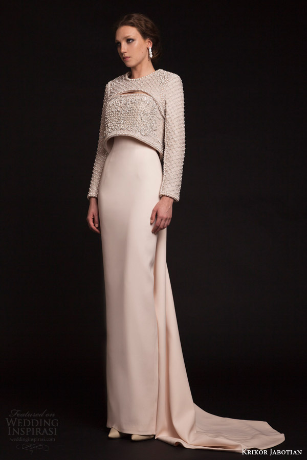 krikor jabotian bridal spring 2015 column gown long sleeve topper