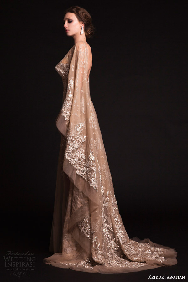 krikor jabotian bridal spring 2015 sheer nude tulle wedding dress cape sleeves train side view