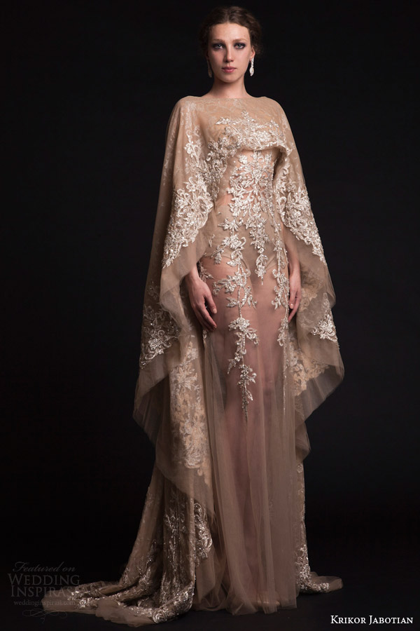 krikor jabotian bridal spring 2015 sheer nude tulle wedding dress cape sleeves train