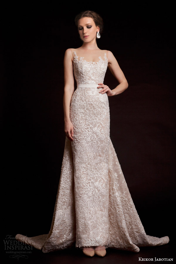 krikor jabotian bridal spring 2015 sleeveless column wedding dress illusion neckline front view