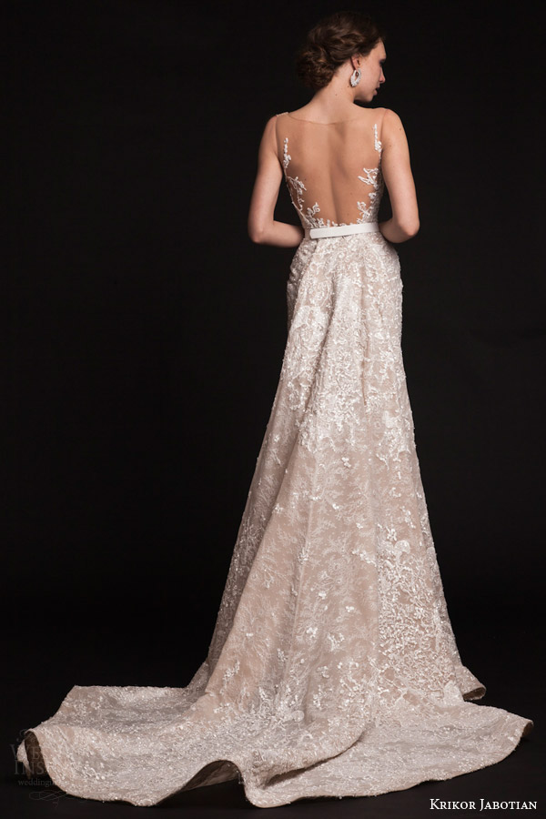 krikor jabotian bridal spring 2015 sleeveless column wedding dress illusion neckline train back view