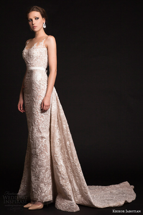 krikor jabotian bridal spring 2015 sleeveless column wedding dress illusion neckline train