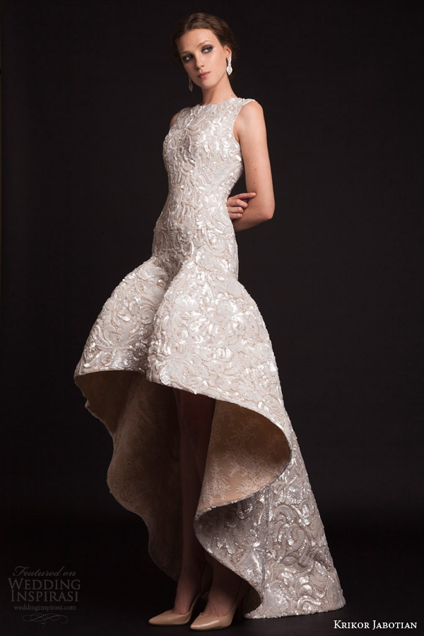 krikor jabotian bridal spring 2015 sleeveless high to low drop waist wedding dress front view