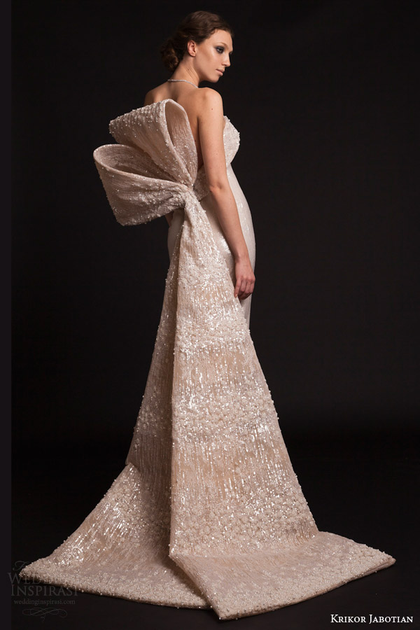 krikor jabotian bridal spring 2015 strapless column gown large bow train back