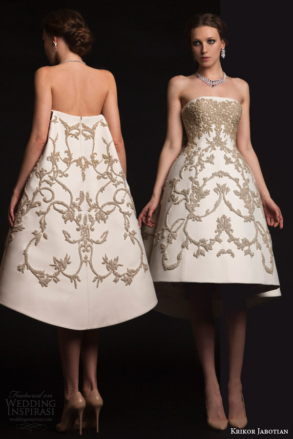 krikor jabotian bridal spring 2015 strapless short dress metallic embroidery