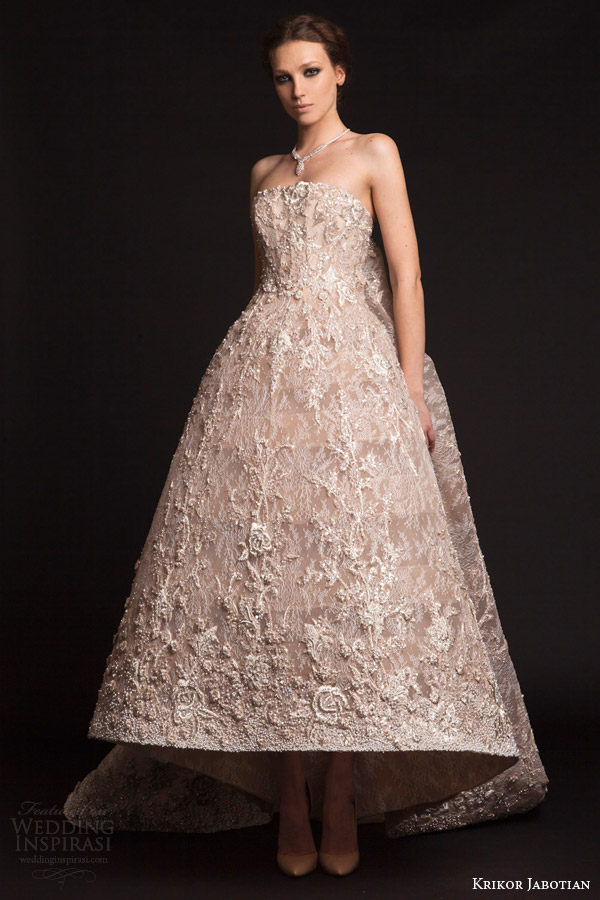 krikor jabotian bridal spring 2015 strapless tea length gown train