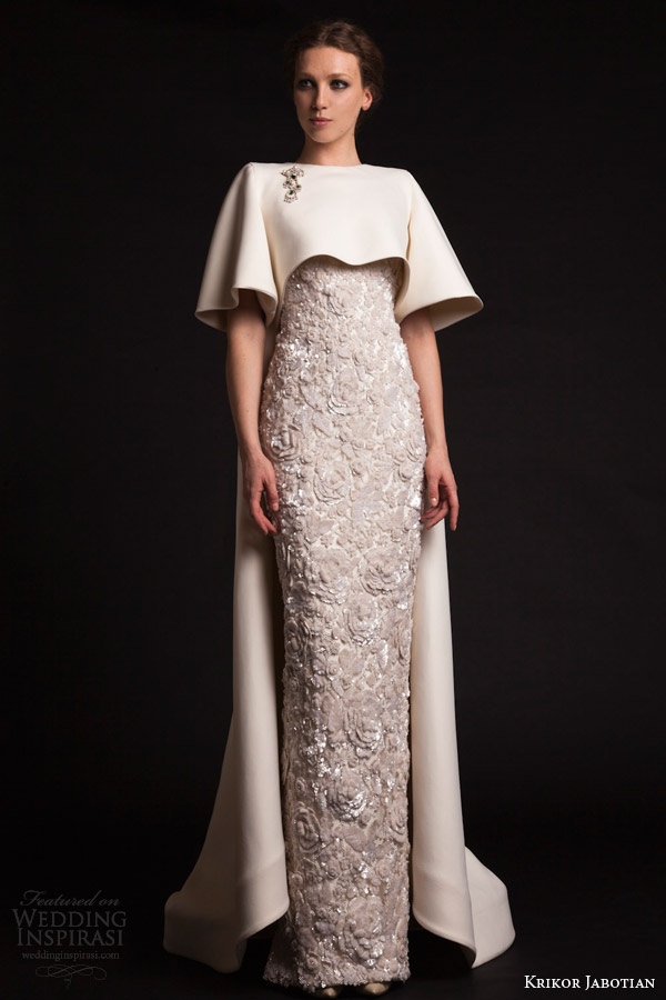 krikor jabotian spring 2015 half sleeve cape column embroidered dress