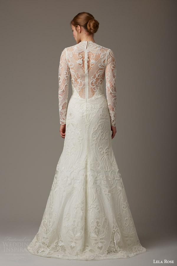 lela rose bridal spring 2016 the birchwood illusion neckline long sleeve lace wedding dress high neck back view