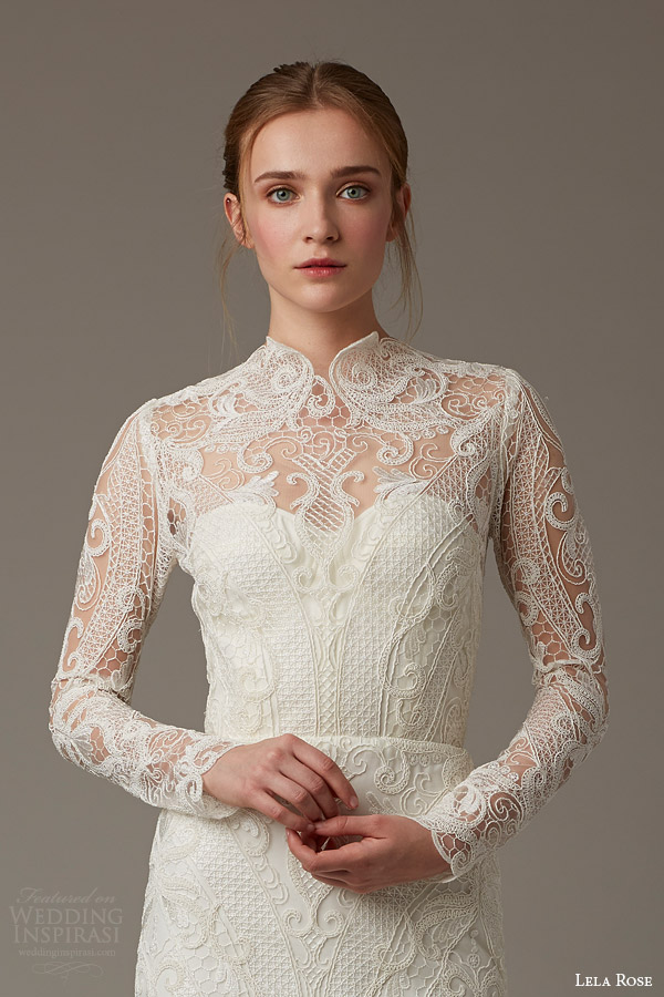 lela rose bridal spring 2016 the birchwood illusion neckline long sleeve lace wedding dress high neck threadwork detail