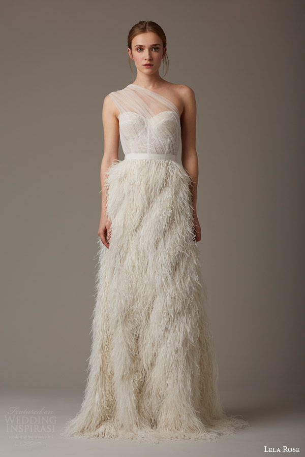 lela rose bridal spring 2016 the dusk one shoulder illusion overlay bodice feather skirt