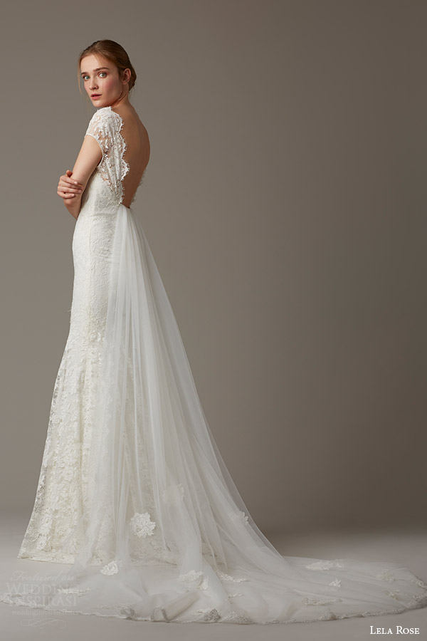 lela rose bridal spring 2016 the woodlands cap sleeve lace wedding dress shown with train scalloped back view