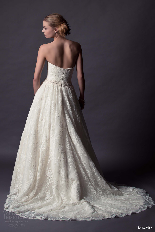 miamia bridal 2015 cadenza strapless sweetheart a line wedding dress lace overlay skirt back view