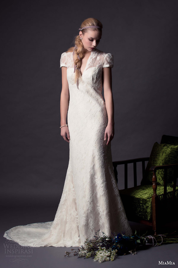 miamia bridal 2015 cameron short lace puff sleeve wedding dress v neckline