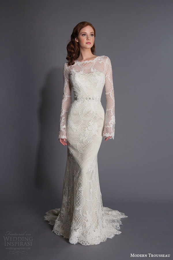 modern trousseau spring 2016 eddison illlusion long sleeve sheat lace wedding dress belt