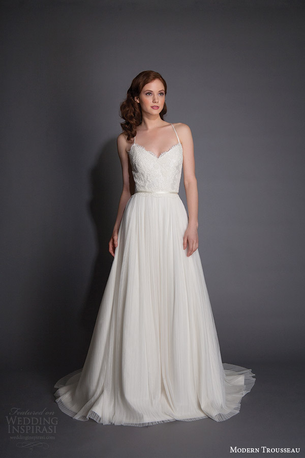 modern trousseau spring 2016 farren sleeveless soft a line wedding dress spaghetti straps lace bodice