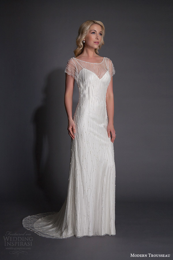 modern trousseau spring 2016 halston illusion cap sleeve wedding dress train