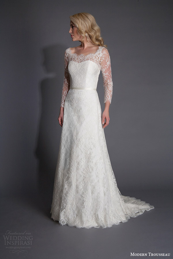 modern trousseau spring 2016 ruby three quarter sleeve lace wedding dress